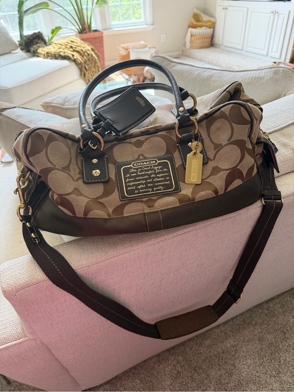 Coach Brown Signature Canvas Travel Duffel with Dark Brown Leather Trim